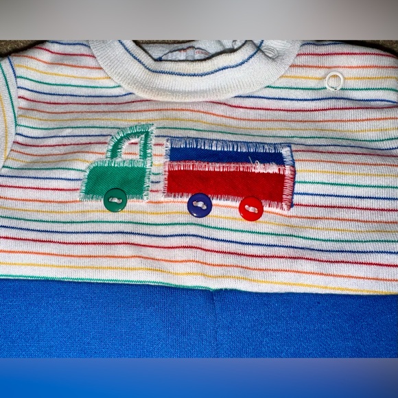 Vintage Health-Tex Truck One Piece Outfit 12 Months Blue Romper Rainbow Striped - Picture 2 of 5